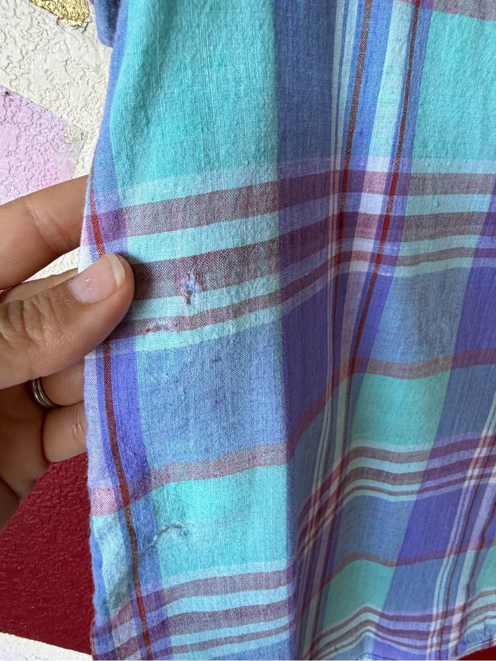 Vintage L.L. Bean Plaid Shirt Sz 18 Made in USA Purple Teal Short Sleeve
